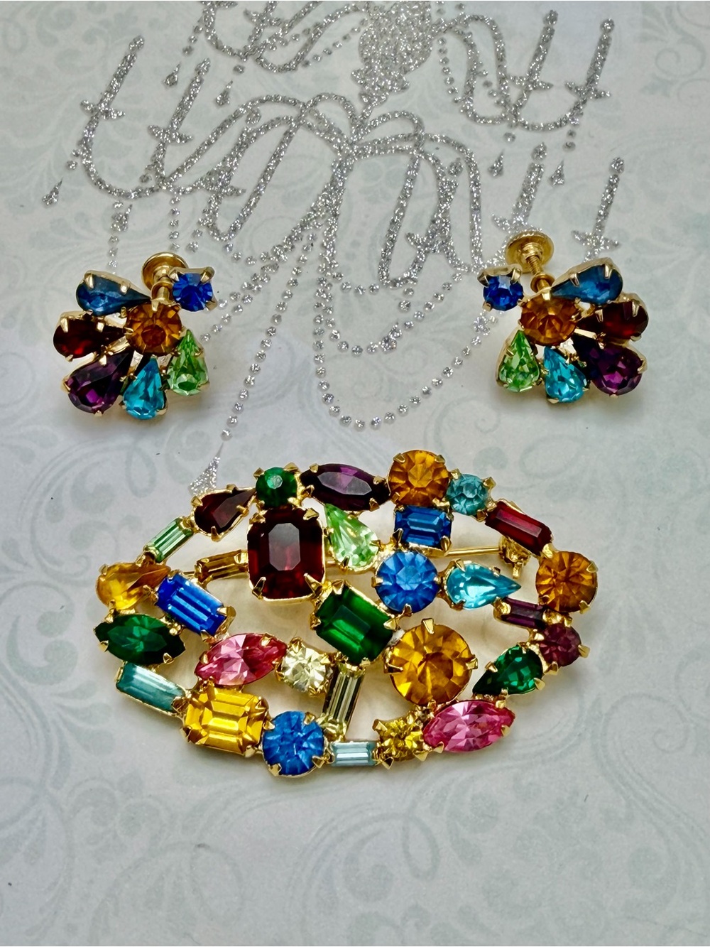 Vintage Belle signed Brooch and Screw-back earrings Fruit Salad
